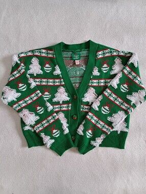 Holiday Christmas Sweater Green Knit Christmas Tree Button-Up Cardigan Size Med